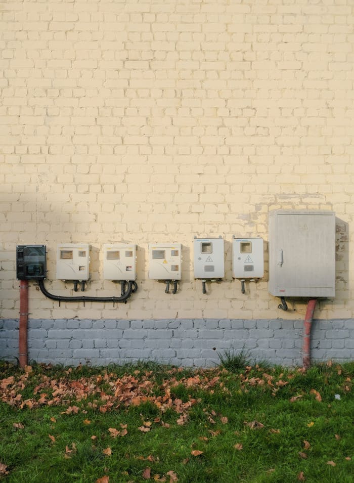 Row of electric meters mounted on a yellow brick wall with fallen leaves in Kaliningrad, Russia.